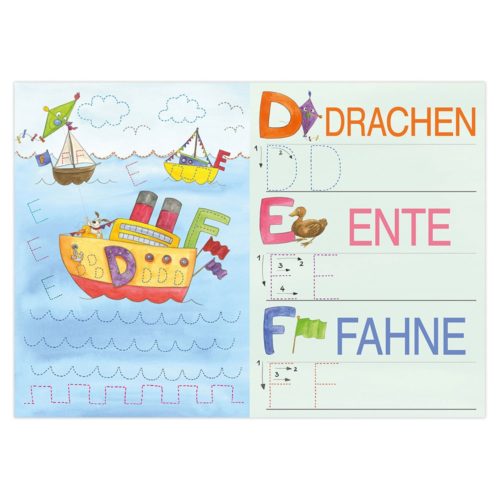 Illustrierte Buchstaben D, E, F mit einem Drachen, einer Ente und einer Flagge auf einem Schiff