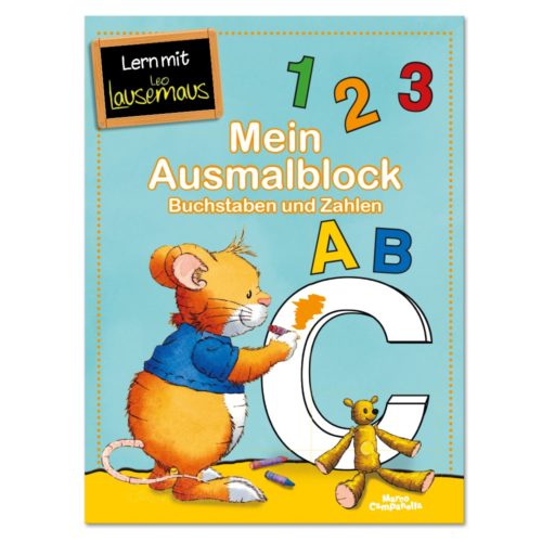 Eine Maus bemalt einen großen Buchstaben C auf einem blauen Buchdeckel mit Zahlen und Buchstaben. Oben wird deutscher Text angezeigt.