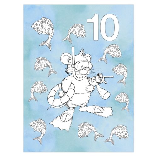 Cartoon-Bär schnorchelt mit Fischen und der Zahl 10 auf blauem Hintergrund.