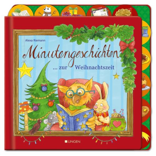 Illustriertes Weihnachtsbuchcover mit einer Eule, die festlichen Tieren vorliest.