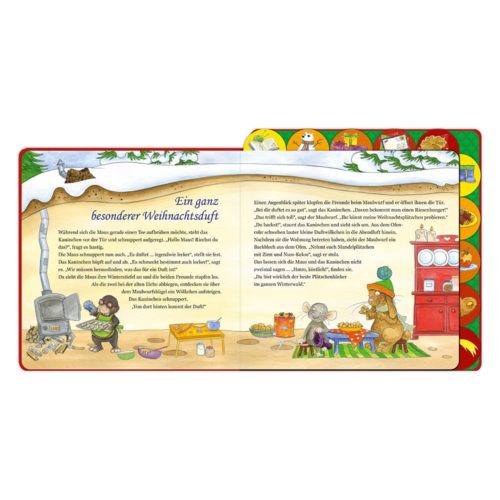 Illustrierte Kinderbuchseiten, die eine festliche Küchenszene mit kochenden und dekorierenden Tieren zeigen.