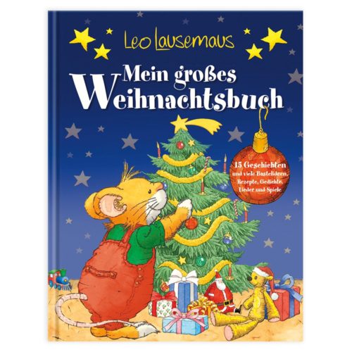 Illustriertes Weihnachtsbuchcover für Kinder mit einer Maus, die einen Baum mit Geschenken drumherum schmückt.