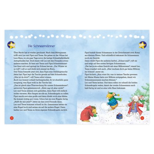 Eine Kinderbuchseite mit einer Illustration von zwei Kindern, die einen Schneemann bauen. Der Text ist auf Deutsch.