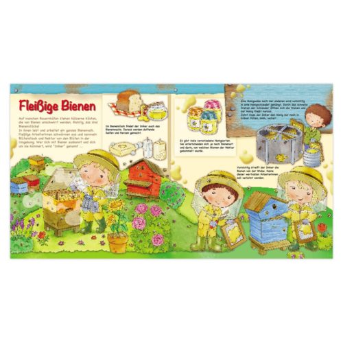 Illustrierte Kinder, die Bienenstöcke mit Honiggläsern, Blumen und Bienen pflegen. Text auf Deutsch über die Bienenhaltung.
