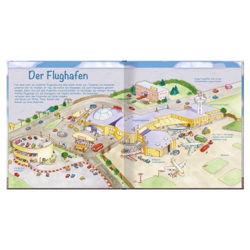 Illustrierter Flughafenplan mit beschrifteten Bereichen, auf dem Terminals, Flugzeuge, Parkplätze und Kontrollturm zu sehen sind. Text auf Deutsch.