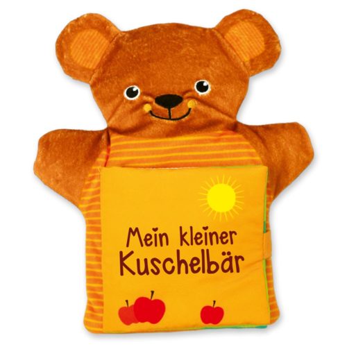 Plüschbärenpuppe mit einem gelben Buch mit Sonne und Äpfeln und dem Titel „Mein kleiner Kuschelbär“.