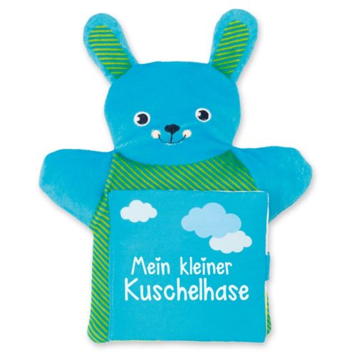 Ein blaues Plüschhäschen mit einem Kinderbuch mit dem Titel „Mein kleiner Kuschelhase“ mit Wolkengrafik.
