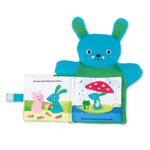 Blaues Stoffbuch in Hasenform mit bunten Tierillustrationen und deutschem Text.