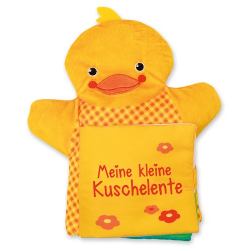 Plüschiges gelbes Entenbuch mit „Meine kleine Kuschelente“-Text und Blumendesign.