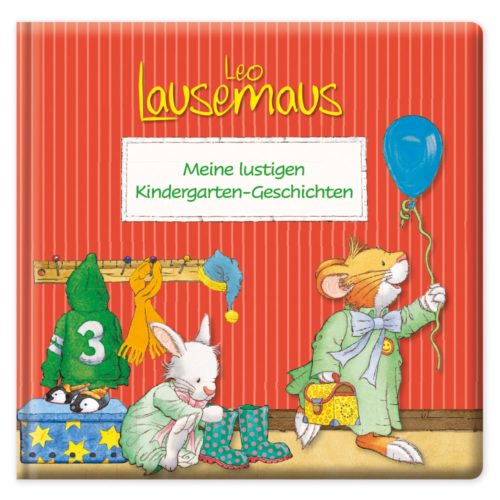 Kinderbuchcover mit Tieren im Kindergarten-Setting, darunter eine Maus mit Luftballon.