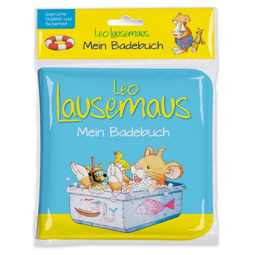 Illustriertes Badebuch-Cover mit einer Maus in einer Badewanne, betitelt „Leo Lausemaus Mein Badebuch“.