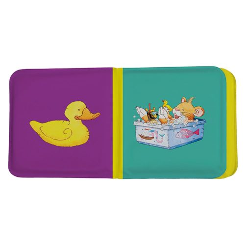 Kinderbuch mit der Illustration einer gelben Ente links und Tieren in einer Badewanne rechts.