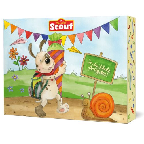 Cartoon-Hund mit Schultüte und Rucksack, daneben eine Schnecke und eine Tafel mit bunten Bannern darüber.