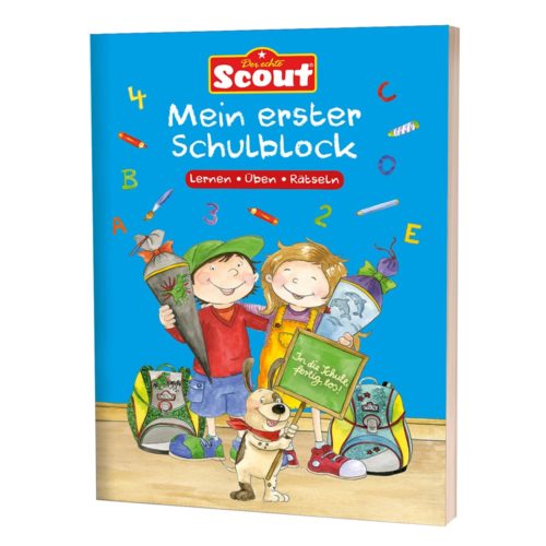 Kinder mit Schulsachen und einem Hund auf einem bunten Buchcover mit dem Titel „Mein erster Schulblock“.
