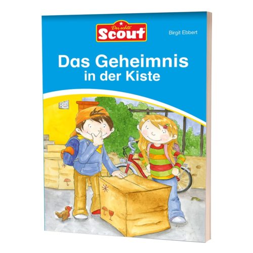 Illustriertes Buchcover mit zwei Kindern, Kartons und einem Fahrrad. Titel: „Das Geheimnis in der Kiste“ von Birgit Ebbert.