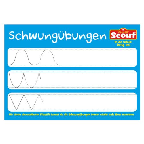 Blaues Übungsblatt mit Nachziehlinien für Schreibübungen. Deutscher Text oben und unten.