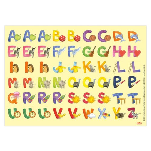 Bunte Alphabetbuchstaben mit Tieren und Objekten für jeden Buchstaben auf gelbem Hintergrund.