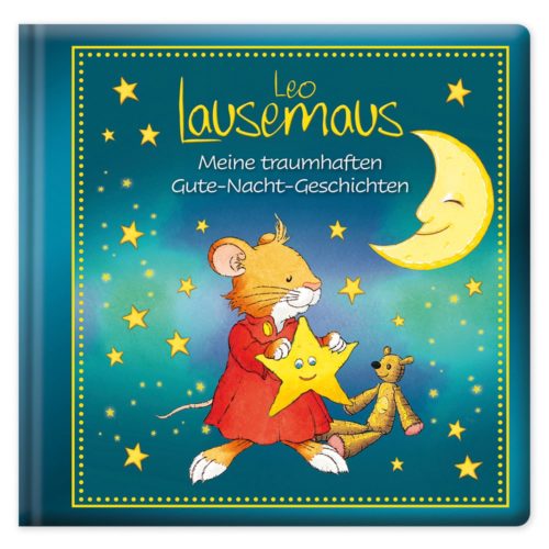 Illustriertes Buchcover mit einer Maus im Pyjama, die einen Stern hält, umgeben von Sternen und einer Mondsichel.