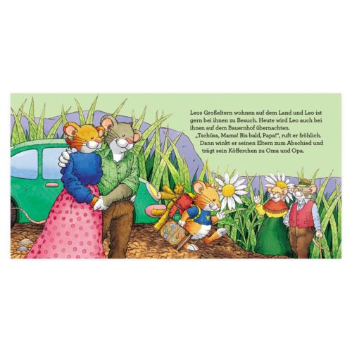 Illustration einer Mäusefamilie, die sich auf einem Feld von einem Auto verabschiedet, mit der Nachricht über einen Besuch bei den Großeltern.