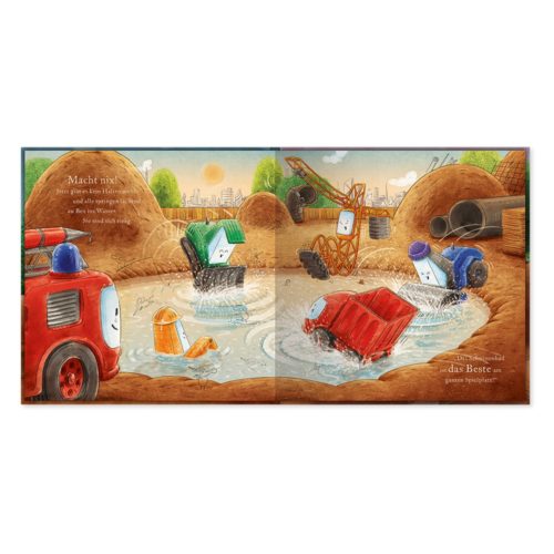 Illustration von lächelnden Lastwagen und Maschinen, die auf einer Baustelle im Wasser spielen. Deutscher Text auf den Seiten.