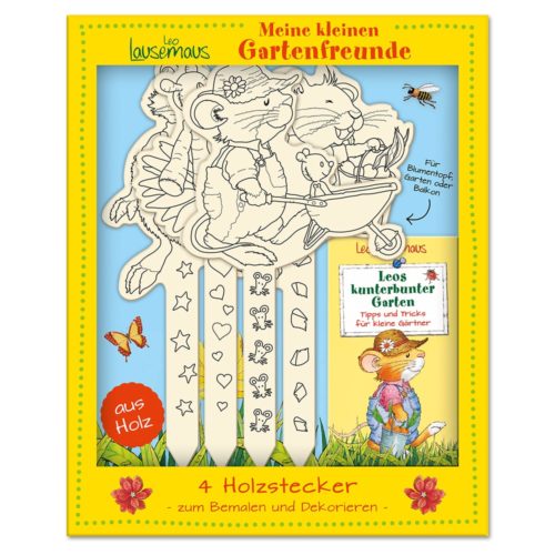 Malset zum Thema Garten mit Holzstäben, einer Mäuseillustration und einem Gartenbuch in leuchtend gelber Verpackung.