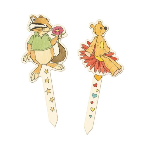 Cartoon-Dachs mit Blume und Bär im Tutu auf dekorativen Pfählen mit Sternen und Herzen.