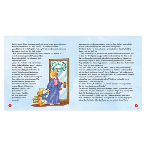 Illustrierte Bilderbuchseiten mit einem Kind und einem Teddybären, die auf ein Geschäft zugehen. Text auf Deutsch.