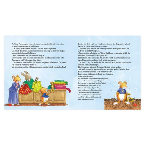 Illustration von Tieren, die Regenmäntel tragen, Bücher lesen und an einem regnerischen Tag drinnen Wäsche waschen.
