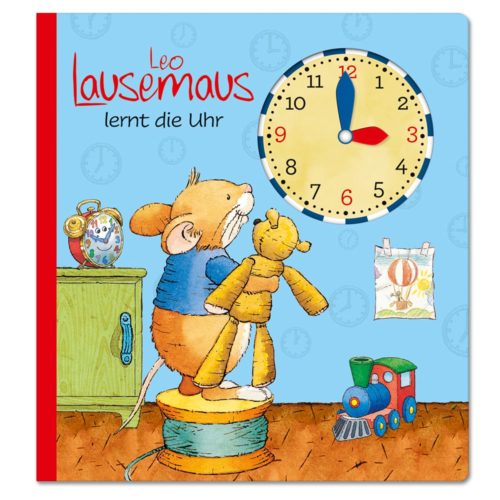 Kinderbuchcover mit einer Maus, die einen Teddybären hält und auf eine Uhr schaut. Oben steht der deutsche Titel.