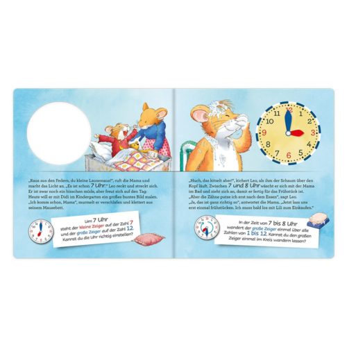 Kinderbuch mit Illustrationen von Mäusen, einer Uhr und einem deutschen Text, der eine Gutenachtgeschichte beschreibt.