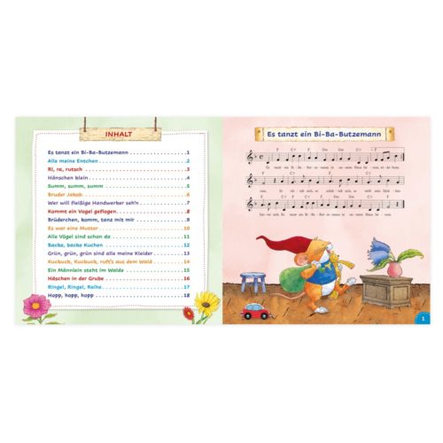 Offenes Buch mit bunten Illustrationen, Noten und Inhaltsverzeichnis für Kinderlieder auf Deutsch.