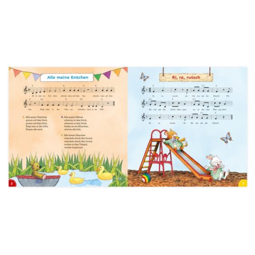 Illustrierte Liederbuchseiten für Kinder mit Musiknoten und Zeichnungen von Enten und Tieren auf einer Folie.