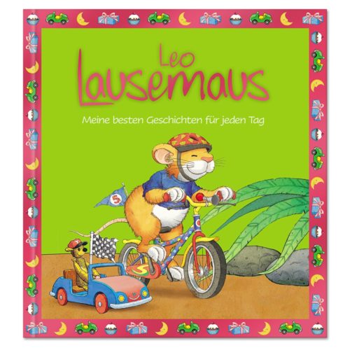 Farbenfrohes Kinderbuchcover mit einer Maus auf einem Fahrrad und einem Spielzeugauto auf grünem Hintergrund.