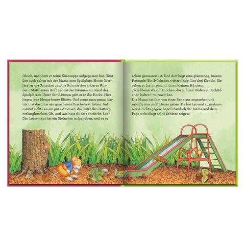 Kinderbuchillustration. Links neben einem Baum liest ein Eichhörnchen ein Buch, rechts ist eine Spielplatzrutsche.