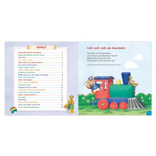 Illustriertes Kinderbuch mit buntem Zug und Tieren. Inhaltsverzeichnis auf der linken Seite.