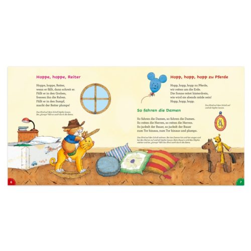 Kindergeschichtenbuchseiten mit farbenfrohen Tierillustrationen und Text.