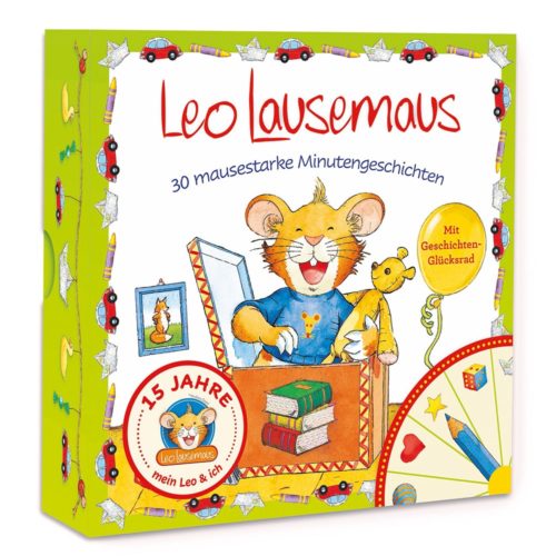Kinderbuchcover mit einer Maus, die ein Spielzeug hält und an der Seite ein Rad. Text: „Leo Lausemaus, 30 Minutengeschichten.