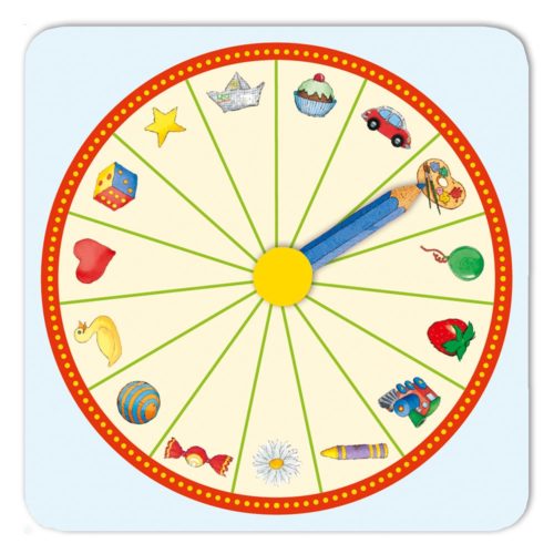 Bunter Spinner mit Bildern wie einem Stern, Cupcake, Auto, Herz, Erdbeere und Blume am Rand.