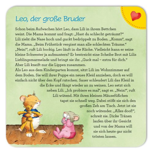 Illustration eines Bären und eines Kaninchens, die eine Geschichte mit dem Titel „Leo, der große Bruder“ mit buntem Text auf einer quadratischen Karte lesen.