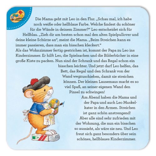 Eine Maus, die eine Wand mit blauer Farbe bemalt. Sie hält ein Tuch, Farben und einen Pinsel in der Hand. Auf der Seite steht ein deutscher Text.