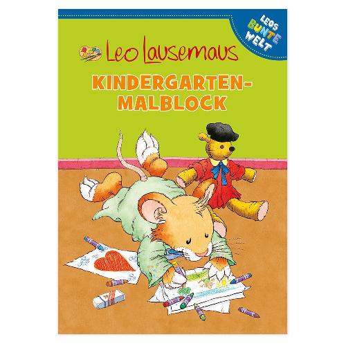 Farbenfrohes Cover von „Leo Lausemaus Kindergarten-Malblock“ mit einer Mäusezeichnung und einem Teddybär.