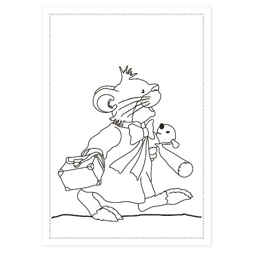 Strichzeichnung einer Maus, die einen Koffer und ein Stofftier trägt und ein Kleid mit Fliege trägt.