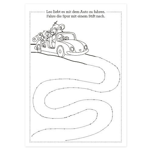 Ein Cartoon-Auto mit Passagieren, das einem gepunkteten Linienpfad zum Nachzeichnen folgt, auf einem einfachen Hintergrund.