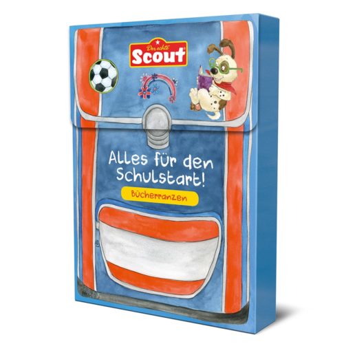 Farbenfroher Schulranzen mit verspielten Verzierungen, beispielsweise mit Fußball und Spielzeug, beschriftet zum Schulanfang.