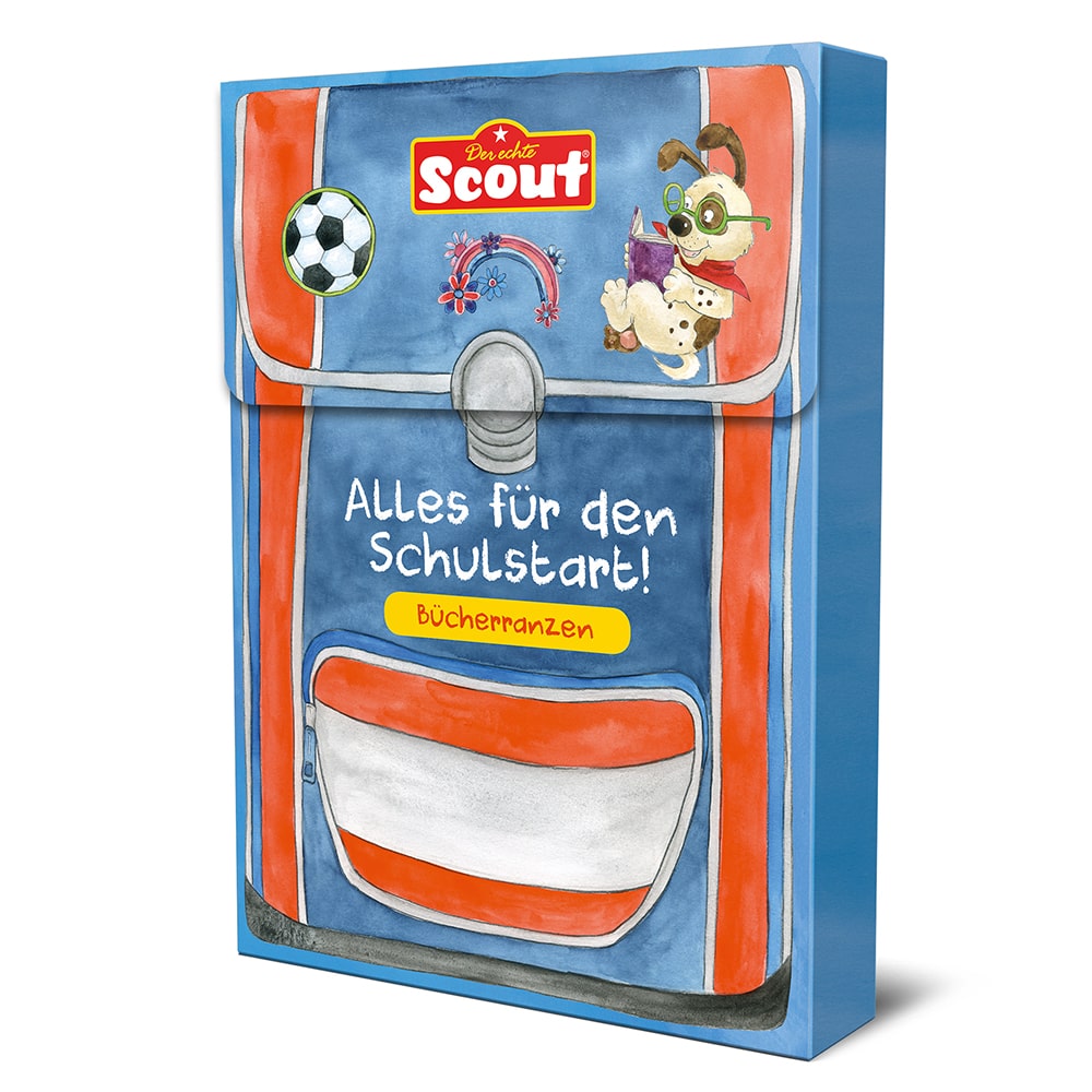 Farbenfroher Schulranzen mit verspielten Verzierungen, beispielsweise mit Fußball und Spielzeug, beschriftet zum Schulanfang.