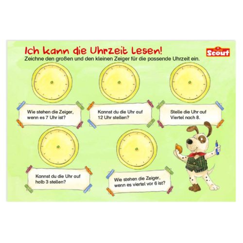 Illustration von sechs Zifferblättern mit leeren Zeigern, einem Comic-Hund und einem deutschen Text mit der Aufforderung, bestimmte Zeiten einzustellen.