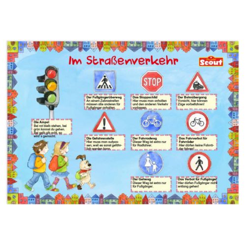 Buntes Verkehrsregeln-Plakat mit deutschem Text und Abbildungen von Schildern und Fußgängern.