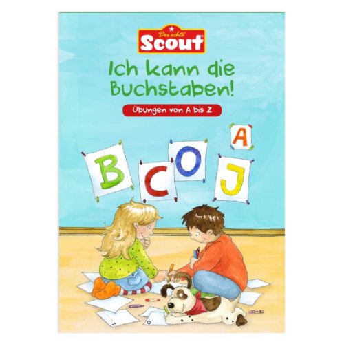 Zwei Kinder zeichnen Buchstaben auf Papier, daneben ein Hund. Text: „Ich kann die Buchstaben! Übungen von A bis Z.“