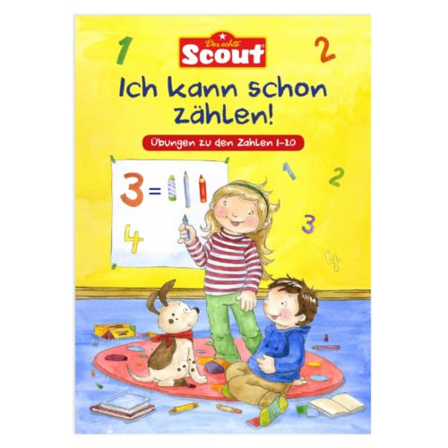 Kinder lernen mit Buntstiften und einem Hund in einem bunten Raum zählen. Oben steht der Text „Ich kann schon zählen!“.