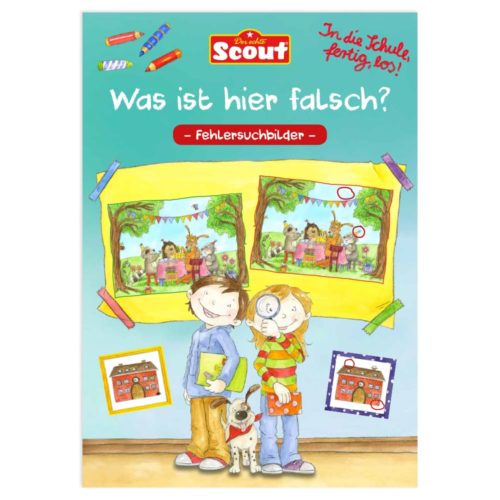 Cover im Comic-Stil mit zwei Kindern und einem Hund, mit einem „Finde die Unterschiede“-Motiv und in leuchtenden Farben.